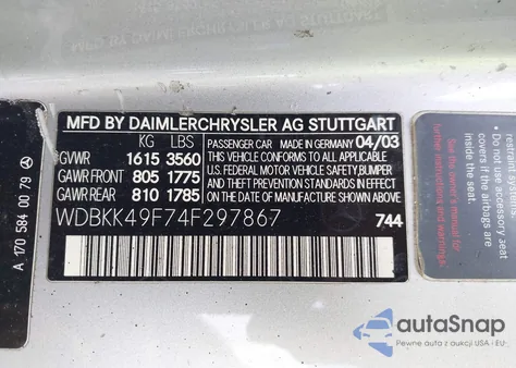 2004 Mercedes-Benz Slk 230 Kompressor from USA, damaged, VIN WDBKK49F74F297867